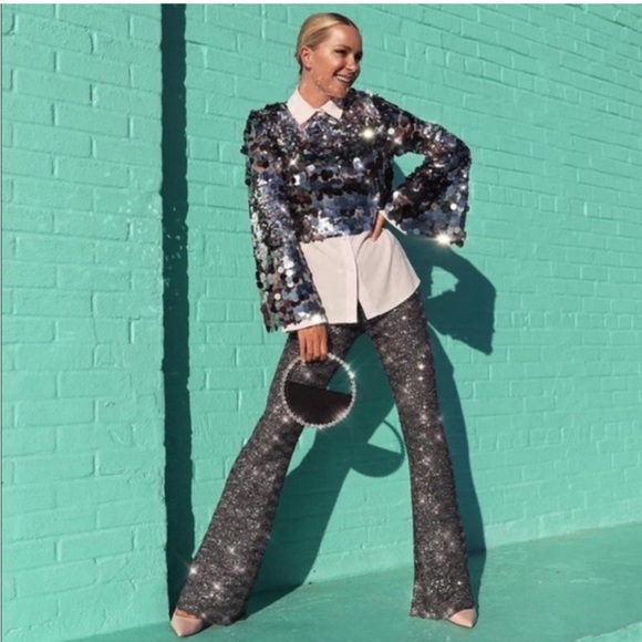 ZARA FLARED SEQUIN LEGGINGS - Picture 5 of 13